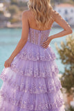 Lilac Strapless A Line Sequins Corset Tiered Ruffle Long Prom Dress with Slit