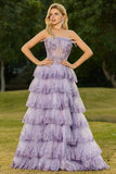 Strapless Tiered Ruffle A Line Blush Corset Sequin Long Prom Dress with Slit