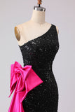 Sparkly One Shoulder Black Mermaid Sequin Long Prom Dress with Bow