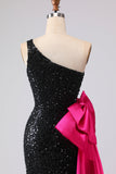 Sparkly One Shoulder Black Mermaid Sequin Long Prom Dress with Bow