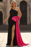 Sparkly Sequins Bow One Shoulder Black Mermaid Long Plus Size Prom Dress with Slit