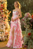 White Pink Flower A Line Sweetheart Tiered Corset Sequin Long Prom Dress with Slit