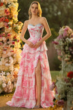 White Pink Flower A Line Sweetheart Tiered Corset Sequin Long Prom Dress with Slit
