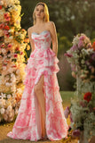 White Pink Flower A Line Sweetheart Tiered Corset Sequin Long Prom Dress with Slit