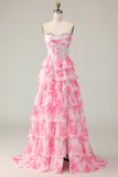 White Pink Flower A Line Sweetheart Sequins Tiered Corset Long Prom Dress with Slit