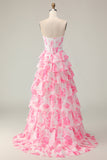 White Pink Flower A Line Sweetheart Sequins Tiered Corset Long Prom Dress with Slit