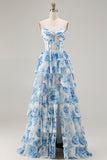 White Blue Floral A Line Strapless Corset Tiered Ruffle Long Prom Dress with Slit