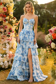 White Blue Floral A Line Strapless Corset Tiered Ruffle Long Prom Dress with Slit