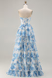 White Blue Floral A Line Strapless Corset Tiered Ruffle Long Prom Dress with Slit