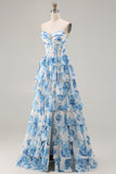 White Pink Floral A Line Strapless Corset Tiered Ruffle Long Prom Dress with Slit