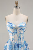 White Blue Floral A Line Strapless Corset Tiered Ruffle Long Prom Dress with Slit