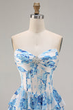 White Blue Floral Strapless A Line Corset Tiered Ruffle Long Prom Dress with Slit