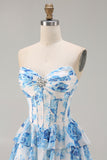 White Pink Floral A Line Strapless Corset Tiered Ruffle Long Prom Dress with Slit