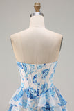 White Blue Floral A Line Strapless Corset Tiered Ruffle Long Prom Dress with Slit