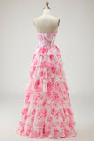White Pink Floral A Line Strapless Corset Tiered Ruffle Long Prom Dress with Slit
