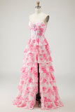 White Pink Floral A Line Strapless Corset Tiered Ruffle Long Prom Dress with Slit