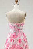 White Pink Floral A Line Strapless Corset Tiered Ruffle Long Prom Dress with Slit