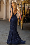 Sparkly Navy Mermaid V Neck Open Back Sequin Long Prom Dress with Slit