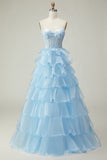 Princess Blue Sweetheart Corset Tiered Sequins Long Prom Dress with Lace Up Back