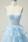 Princess Blue Sweetheart Corset Tiered Sequins Long Prom Dress with Lace Up Back