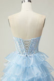 Princess Blue Sweetheart Corset Tiered Sequins Long Prom Dress with Lace Up Back