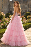 Princess Blue Sweetheart Corset Tiered Sequins Long Prom Dress with Lace Up Back