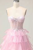 Princess Pink Sweetheart Corset Tiered Sequins Long Prom Dress with Lace Up Back