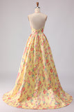 Yellow Pink Floral Deep V Neck A Line Open Back Long Prom Dress with Slit