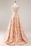 Yellow Pink Flowers Strapless A Line Basque Waist Long Prom Dress with Slit