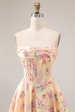 Yellow Pink Flowers Strapless A Line Basque Waist Long Prom Dress with Slit