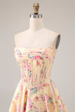 Yellow Pink Flowers Strapless A Line Basque Waist Long Prom Dress with Slit