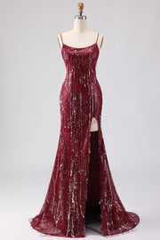 Sparkly Burgundy Mermaid Sequins Lace Up Back Long Prom Dress with Slit