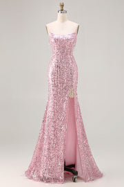 Sparkly Pink Mermaid Lace Up Back Sequin Long Prom Dress with Slit