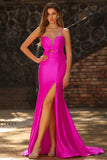 Fuchsia Mermaid Cut Out Pleated Satin Bowed Long Prom Dress with Slit