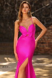 Fuchsia Mermaid Cut Out Pleated Satin Bowed Long Prom Dress with Slit