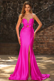 Fuchsia Mermaid Cut Out Pleated Satin Bowed Long Prom Dress with Slit