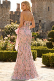 Strapless Sequin Beaded Floral Long Prom Dress with Bow on Hip and a Skirt Slit