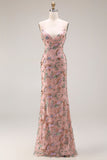 Blush Floral Spaghetti Straps Sheath Beaded Long Prom Dress with Sequins