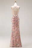 Blush Floral Spaghetti Straps Sheath Beaded Long Prom Dress with Sequins
