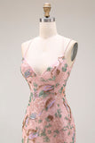 Blush Floral Spaghetti Straps Sheath Beaded Long Prom Dress with Sequins