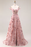 Purple Off The Shoulder Floral A-Line Sequin Long Prom Dress with Slit