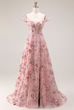 Blush Floral Off The Shoulder A Line Long Prom Dress with Slit