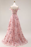 Blush Floral Off The Shoulder A Line Long Prom Dress with Slit