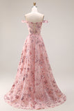 Purple Off The Shoulder Floral A-Line Sequin Long Prom Dress with Slit