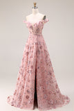 Purple Off The Shoulder Floral A-Line Sequin Long Prom Dress with Slit