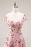 Purple Off The Shoulder Floral A-Line Sequin Long Prom Dress with Slit