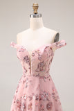 Purple Off The Shoulder Floral A-Line Sequin Long Prom Dress with Slit
