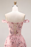 Purple Off The Shoulder Floral A-Line Sequin Long Prom Dress with Slit