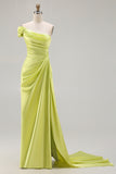 Green One Shoulder Ruched Sheath Long Prom Dress with Slit