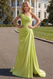 Green One Shoulder Ruched Sheath Long Prom Dress with Slit